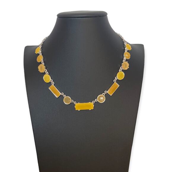 Liz Claiborne Statement Necklace Yellow Silver Tone Round Rectangular Links New - Picture 2 of 12